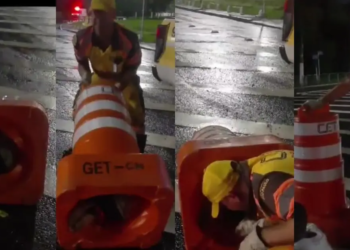 Homem é resgatado após ficar preso em cone de sinalização em São Paulo